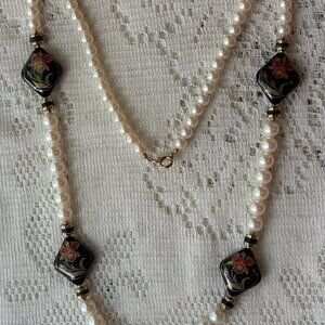 Faux Beads with Four Diamond Shaped Floral Motiffs.  Signed Japan